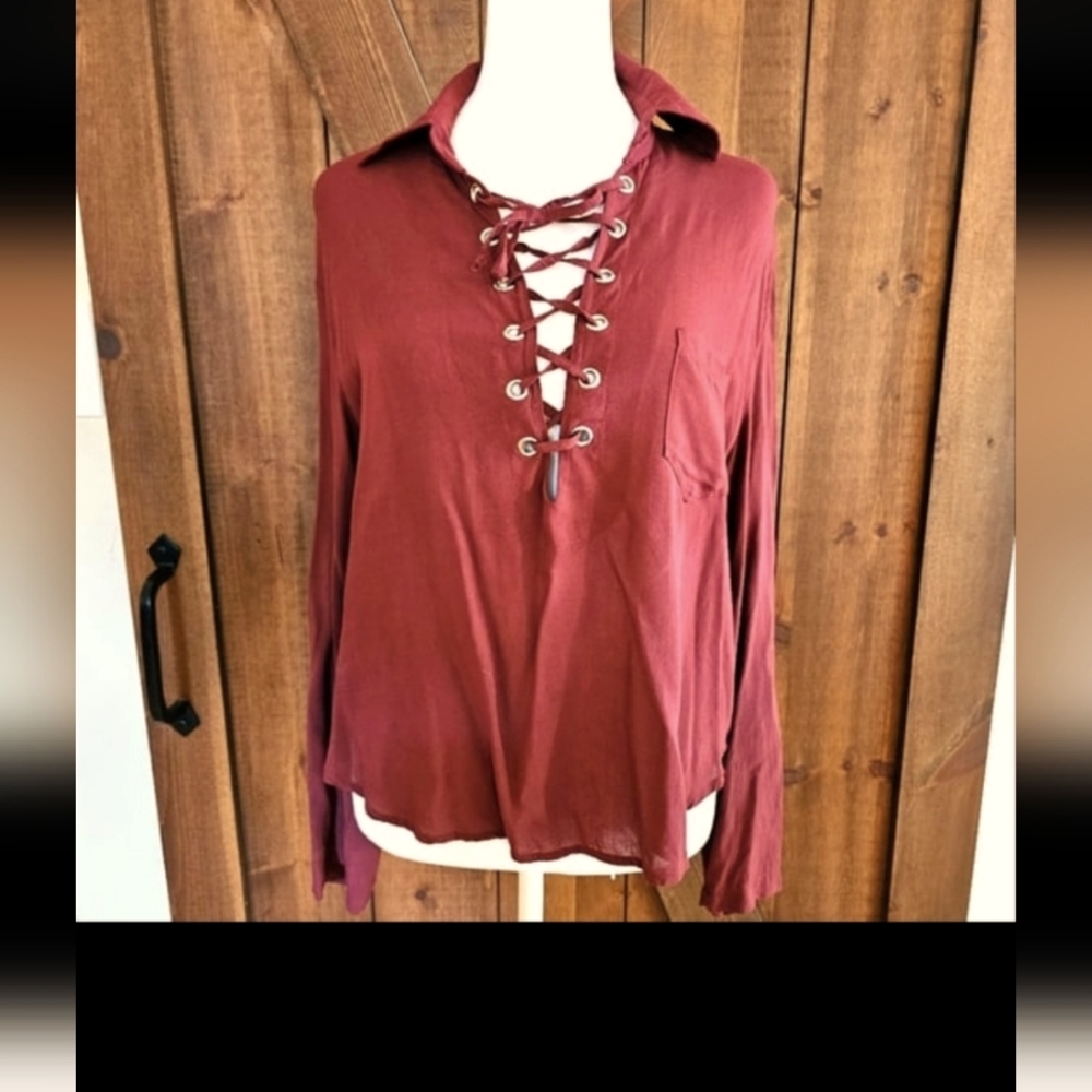 DONT ASK WHY BURGUNDY LONG SLEEVE BLOUSE WITH LACE UP